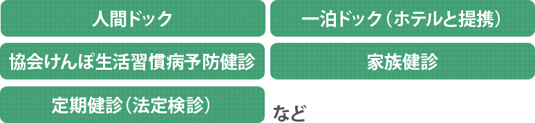 人間ドック・一泊ドック（ホテルと提携）・協会けんぽ生活習慣病予防検診・家族検診・定期健診（法定検診）など